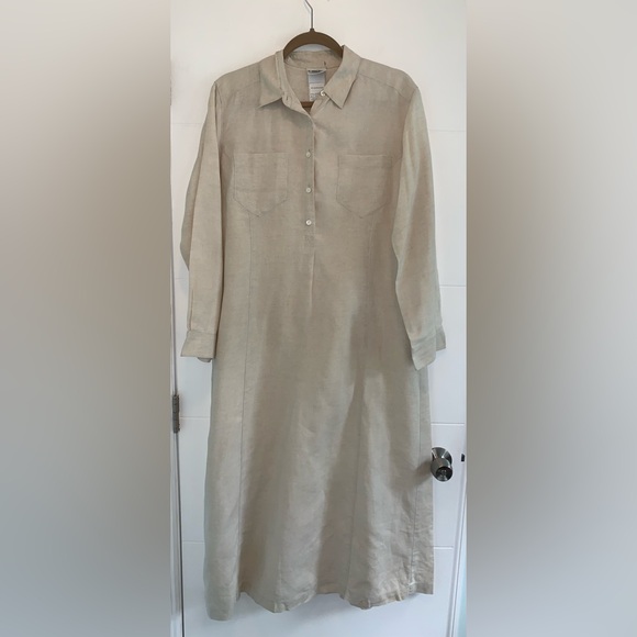 Vintage Laura Ashley Linen Smock Maxi Dress Rare Beige Pockets Size 10